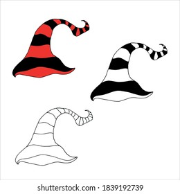 Happy Halloween. Cartoon striped witch hat with buckle isolated on white background. Children kid costume masquerade party. Design element for Halloween.