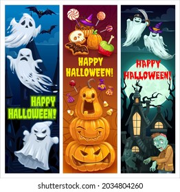 Happy Halloween cartoon vector banners. Ghosts in witch in purple hat holding sword , Jack-o-lantern pumpkins and spooky zombie at haunted creepy castle or cemetery at night. Trick or treat sweets