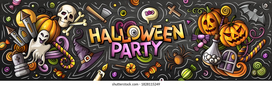 Happy Halloween cartoon vector illustration. October 31. Trick or treat objects and decoration elements. Monster party color isolated illustrations. Website banner template.