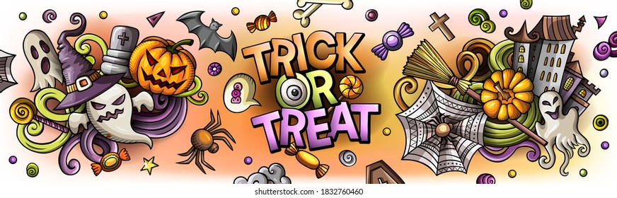 Happy Halloween cartoon vector illustration. October 31. Trick or treat objects and decoration elements. Monster party color isolated illustrations. Website banner template.