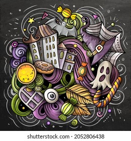 Happy Halloween cartoon vector illustration. October 31. Trick or treat objects and decoration elements. Monster party color isolated illustrations.