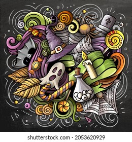 Happy Halloween cartoon vector illustration. October 31. Trick or treat objects and decoration elements. Monster party color isolated illustrations.