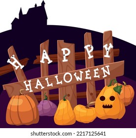 Happy Halloween. Cartoon vector illustration of pumpkins next to a fence