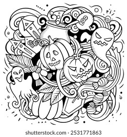 Happy Halloween cartoon vector illustration. October 31. Trick or treat objects and decoration elements. Monster party sketchy illustrations.