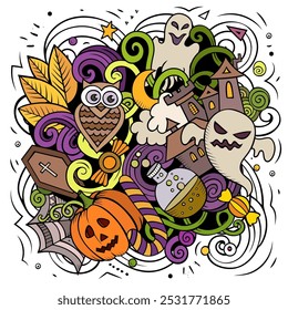 Happy Halloween cartoon vector illustration. October 31. Trick or treat objects and decoration elements. Monster party color isolated illustrations.