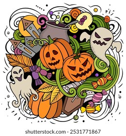 Happy Halloween cartoon vector illustration. October 31. Trick or treat objects and decoration elements. Monster party color isolated illustrations.