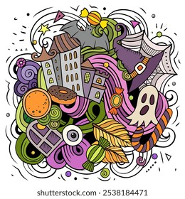 Happy Halloween cartoon vector illustration. October 31. Trick or treat objects and decoration elements. Monster party color isolated illustrations.