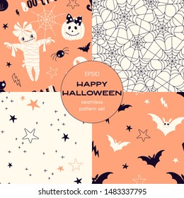 Happy halloween cartoon vector seamless pattern set. Flying bats, bandaged mummy, cobweb, starry sky backgrounds pack. Autumn holiday decorative textile, wallpaper, wrapping paper design