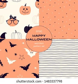 Happy halloween cartoon vector seamless pattern set. Flying bats, pumpkin, polka dot and stripes backgrounds pack. Autumn holiday elements decorative textile, wallpaper, wrapping paper design