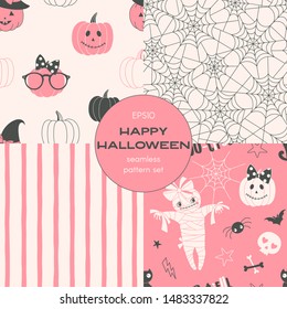 Happy halloween cartoon vector seamless pattern set. Pumpkin, bandaged mummy, cobweb, vertical stripes backgrounds pack. Autumn holiday decorative textile, wallpaper, wrapping paper design