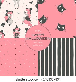 Happy halloween cartoon vector seamless pattern set. Black cat, witch, polka dot, stripes backgrounds pack. Spooky october holiday decorative textile, wallpaper, wrapping paper design