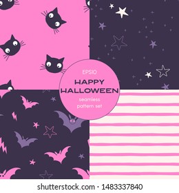 Happy halloween cartoon vector seamless pattern set. Flying bats, night starry sky, black cat head, stripes backgrounds pack. Wizardry decorative textile, wallpaper, wrapping paper design