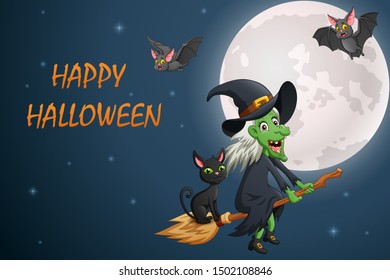 Happy Halloween. Cartoon witch flying on a broomstick. vector illustration
