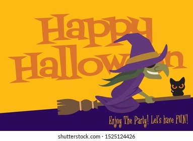 Happy Halloween. Cartoon halloween witch flying on broom with big lettering signboard - vector character