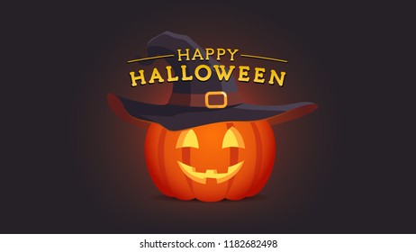 Happy Halloween carved face pumpkin lantern wearing witch hat. Text composition holiday greeting card template. Flat style isolated vector illustration on dark background