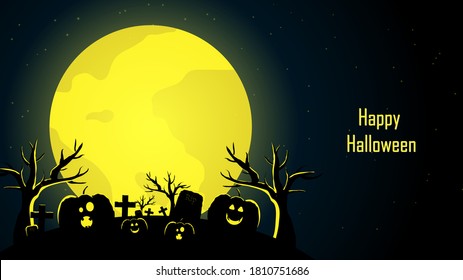 Happy Halloween Carved Pumpkin and Grave with Yellow Full Moon