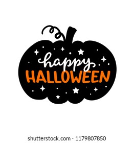 Happy Halloween carved pumpkin. Hand drawn lettering. Starry night vintage style Halloween icon. Hand drawn Jack-o-Lantern shirt / card / poster design. Funny vector illustration. Cute autumn pumpkin 