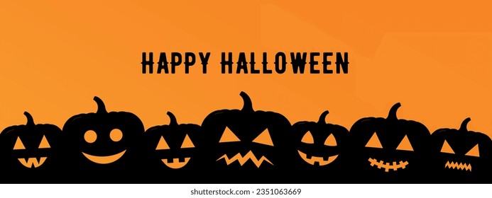 Happy Halloween, carved pumpkins bottom line, black and orange vector greeting card