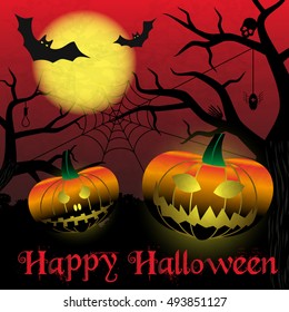 happy halloween carved pumpkins and scary night background eps10