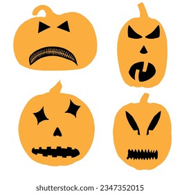Happy Halloween carving templates of pumpkin heads with faces and emotions. Collection of Halloween pumpkins silhouettes for carve and design decorations. Scary funny Jack O Lantern faces cut. Vector.