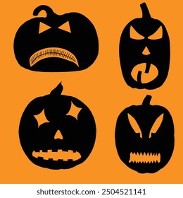 Happy Halloween carving templates of pumpkin heads with faces and emotions. Collection of Halloween pumpkins silhouettes for carve and design decorations. Scary funny Jack O Lantern faces cut. Vector.