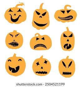 Happy Halloween carving templates of pumpkin heads with faces and emotions. Collection of Halloween pumpkins silhouettes for carve and design decorations. Scary funny Jack O Lantern faces cut. Vector.