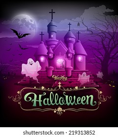 Happy halloween, castle with ghosts, witch, tree and the moon classic design on violet background, vector illustrations