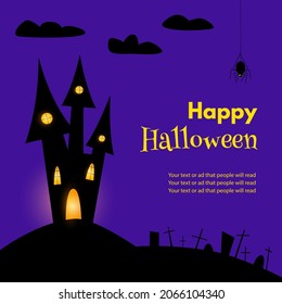 Happy Halloween castle, gravestone, grave cross on violet background. Halloween mobile website or template banner. Promotion banner