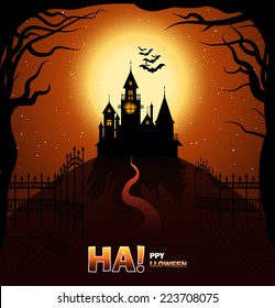 Happy Halloween.  Castle horror on top of the mountain. Gates open to the castle, The road among the trees. Vector illustration. 