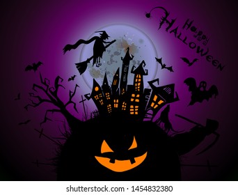 Happy Halloween. A castle of horrors with ghosts. Vector illustration