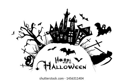 Happy Halloween. A castle of horrors with ghosts. Vector illustration