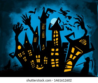 Happy Halloween. A castle of horrors with ghosts. Vector illustration