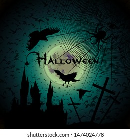 Happy Halloween. A castle of horrors with ghosts. Vector illustration
