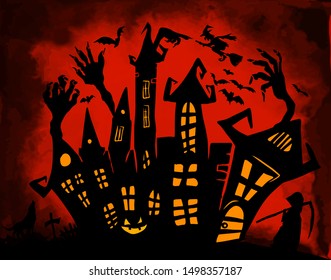 Happy Halloween. A castle of horrors with ghosts. Vector illustration