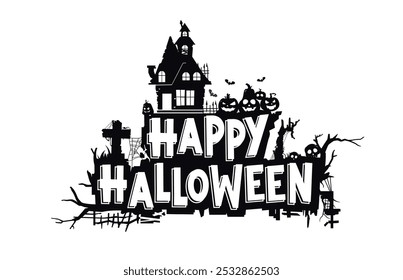 happy halloween with castle and scary decorations