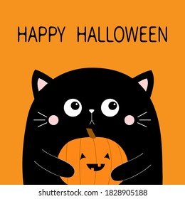 Happy Halloween. Cat face head holding pumpkin. Cute cartoon character. Kawaii baby animal. Boo. Notebook cover, tshirt, greeting card, sticker print. Flat design. Isolated. Orange background. Vector