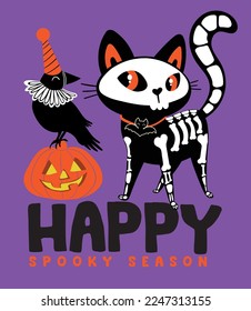 Happy halloween cat illustartion. Greeting card, poster, print, t-shirt design for kids,party concept, children books, prints,wallpapers.Animal pattern.Cartoon cute black cat drawing with skeleton.