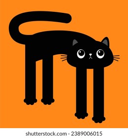 Happy Halloween. Cat with long legs. Tall kitten. Cartoon baby pet character. Long paws, tail. Cute kawaii black kitty head face. Greeting card. Sticker print. Flat design. White background. Vector