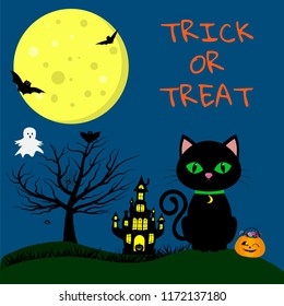 Happy Halloween. A Halloween cat with a medallion and green eyes sits on the background of the full moon. Nearby pumpkin with sweets, witchs castle, wood, bats, ghost, spider web and spiders. Vector, 