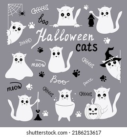 Happy Halloween, cat in monster costumes, Halloween party. Design elements for Halloween and Mexican holiday Day of the Dead.