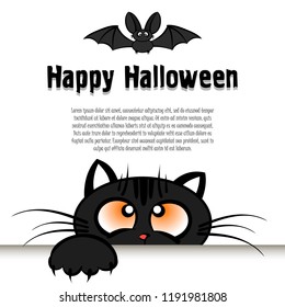 Happy Halloween. Cat muzzle is looking up at the bat. Pattern for banner, poster, greeting card, party invitation. Cartoon style. Vector illustration