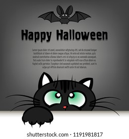 Happy Halloween. Cat muzzle is looking up at the bat. Pattern for banner, poster, greeting card, party invitation. Cartoon style. Vector illustration