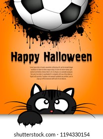 Happy Halloween. Cat muzzle is looking up at the soccer ball. Design pattern for banner, poster, greeting card, flyer, party invitation. Cartoon style. Vector illustration