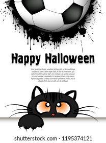 Happy Halloween. Cat muzzle is looking up at the soccer ball. Design pattern for banner, poster, greeting card, flyer, party invitation. Cartoon style. Vector illustration
