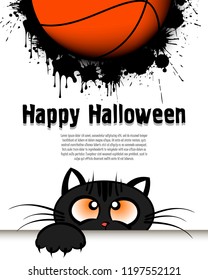 Happy Halloween. Cat muzzle is looking up at the basketball ball. Design pattern for banner, poster, greeting card, flyer, party invitation. Cartoon style. Vector illustration