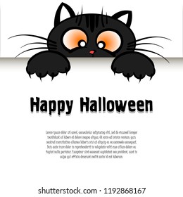 Happy Halloween. Cat muzzle looks down on the inscription halloween. Pattern for banner, poster, greeting card, party invitation. Cartoon style. Vector illustration