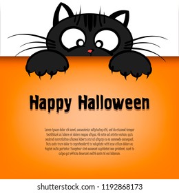 Happy Halloween. Cat muzzle looks down on the inscription halloween. Pattern for banner, poster, greeting card, party invitation. Cartoon style. Vector illustration