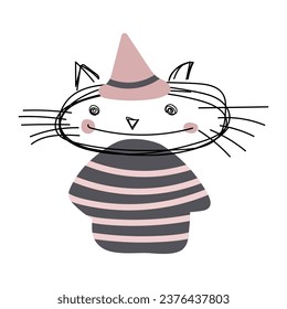 Happy Halloween cat on white background. Doodle Linear cat with witch hat and striped clothing, Celebration card for Halloween. Halloween sketch Vector illustration for home decor, invitation, gifts.