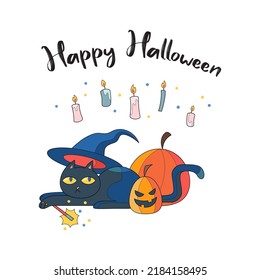 Happy Halloween. Cat is playing with pumpkin and candles colorful vector illustration