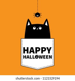 Happy Halloween. Cat in the pocket. Hanging spider. Dash line. Cute cartoon animals. Kitten kitty character. Pet animal collection. Orange background. T-shirt design. Flat design. Vector illustration